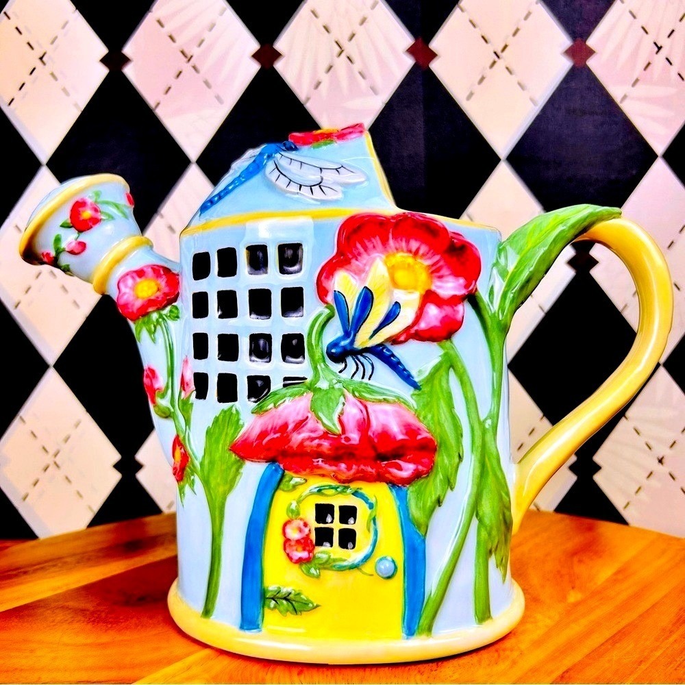 Cottage Ceramic Watering Can Whimsical Floral Butterfly Garden Decor - Picture 1 of 10